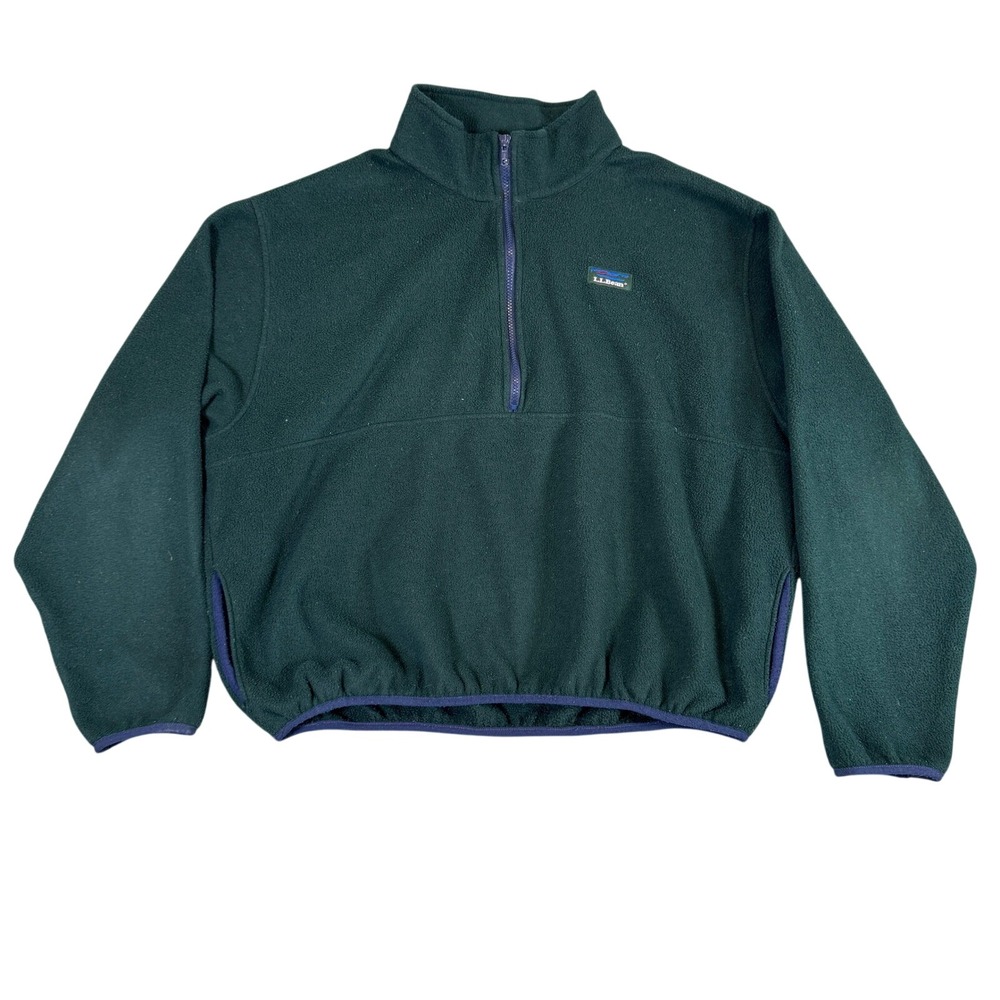 LL Bean Forest Green Quarter Zip Fleece Pullover Vintage Logo Mens XL